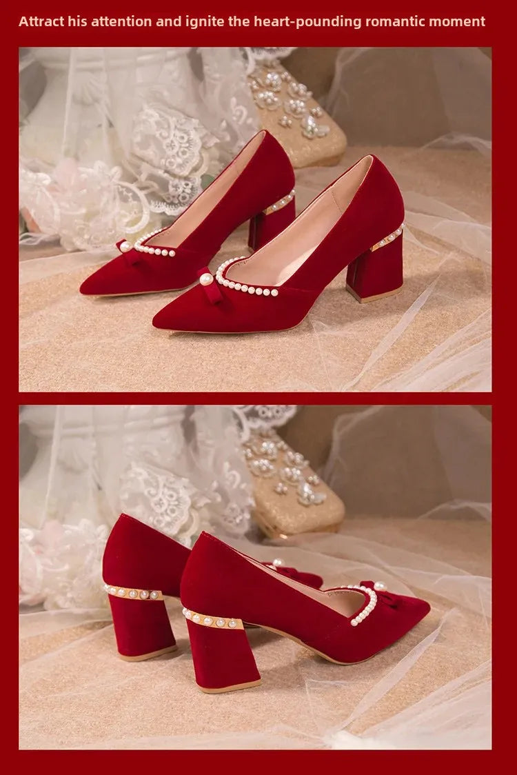 Women's Chunky Heel Pointed Toe Slip-On Shoes Wedding Dress Two-Way Wear Pearl Red Bridal Shoes Spring Autumn New Style