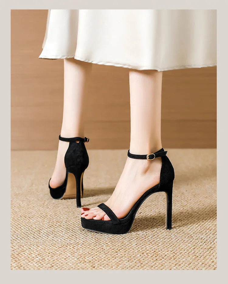 Brand Design Ankle Straps Women Sandals 11Cm Open Toe Platform Party Pumps Flock Leather High Heels