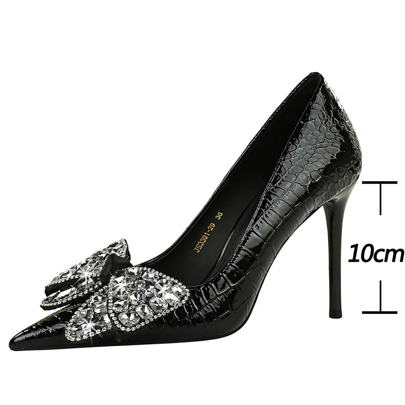Stilettos Women Pumps Pointed Shoes Lady Heels Bowknot Design Rhinestone High Heels Female Shoes Sexy Party Shoes