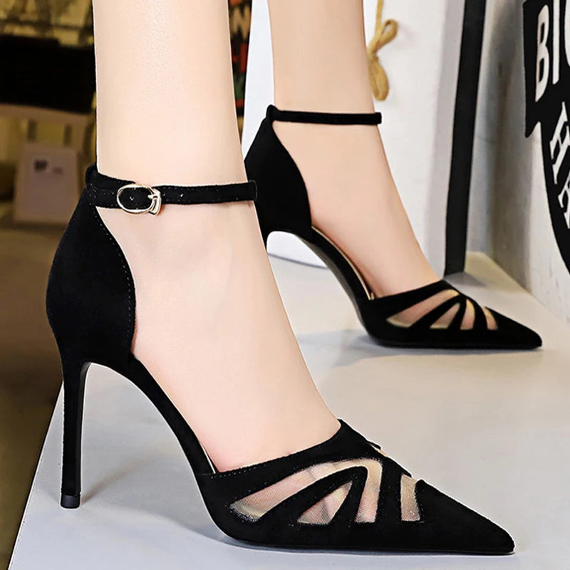 Mesh Hollow Women Sandals Fashion Suede High Heels Women Shoes Stiletto Sandals Woman Pumps