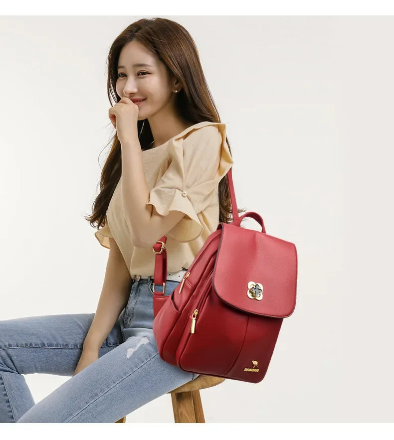 Soft Leather Dual-Shoulder Bag Student Backpack Travel Versatile Women's Bag