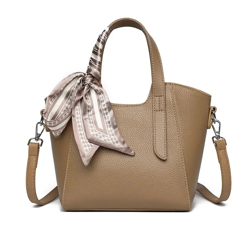Pure Leather Cowhide Single Shoulder Crossbody Bag Ladies Handbag Fashion Bucket Bag Simple Basket Comes with Scarf