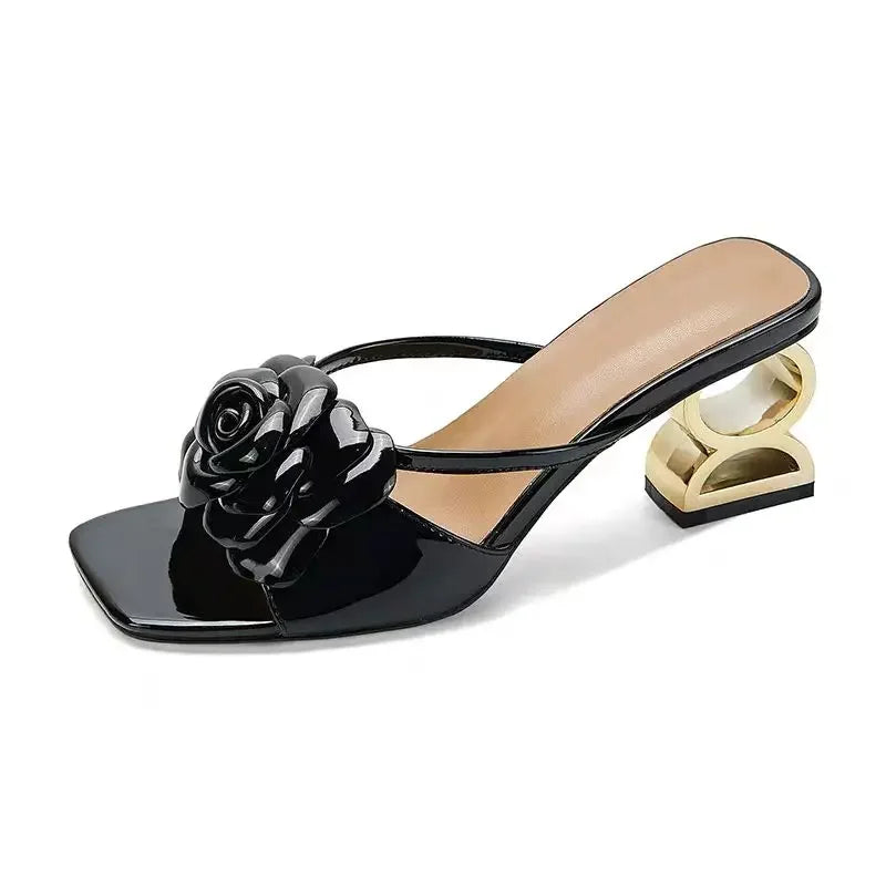 Camellia slippers fancy summer wear 2024 soft leather new line flower sandals open toe with half drag female Natalia Home Fashion Natalia Home Fashion