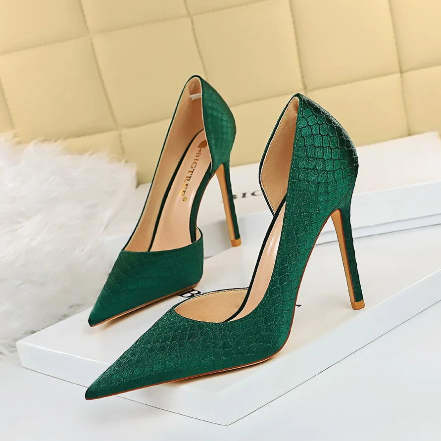 Shoes Woman Pumps Pointed Toe Shallow High Heels Snakeskin Satin Thin Heel Sandals Stiletto Party Shoes
