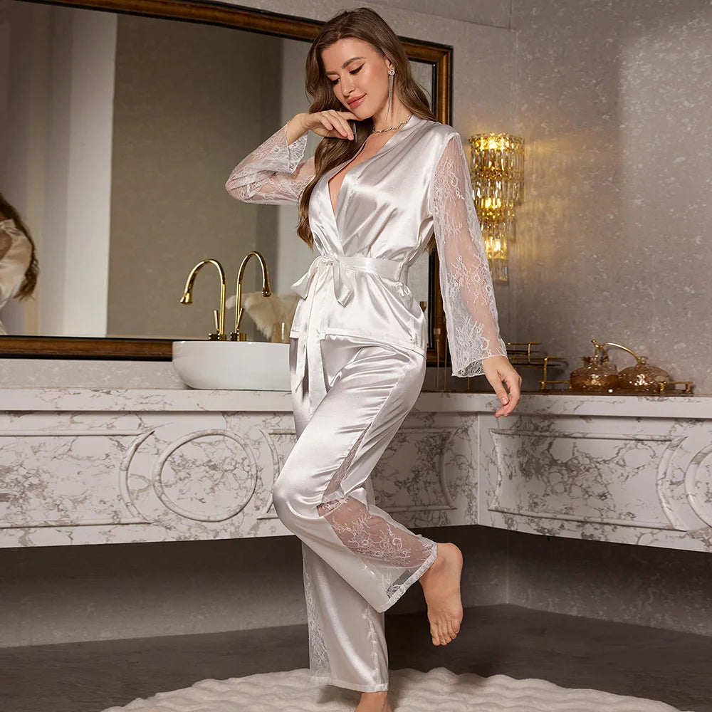 Sexy Lace Patchwork 2PCS Pajamas Set Loungewear Spring New Long Sleeve Trouser Pajamas Suit Loose Silky Home Clothes Lingerie