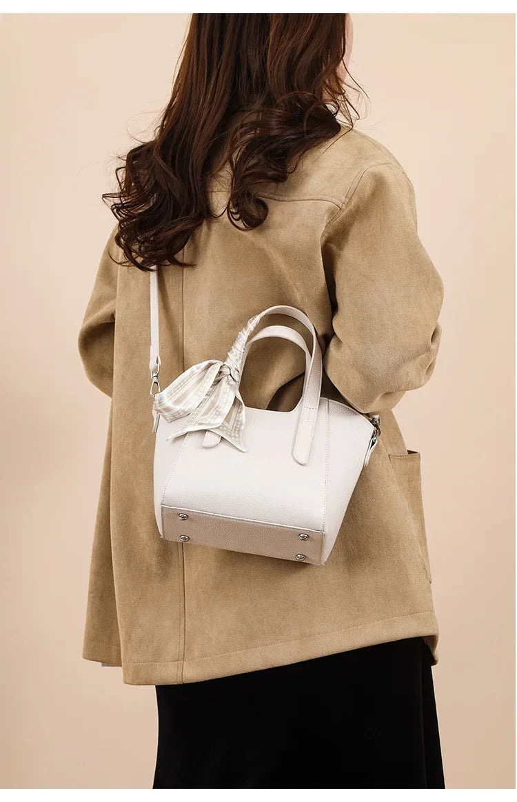 Pure Leather Cowhide Single Shoulder Crossbody Bag Ladies Handbag Fashion Bucket Bag Simple Basket Comes with Scarf