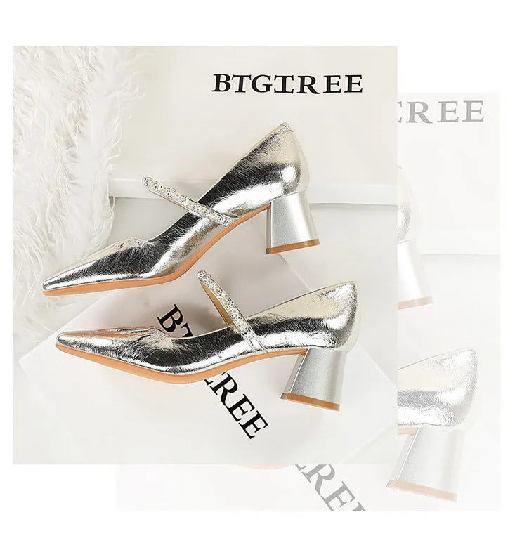 Heels Women Fashion CRYSTAL Pearl Pumps Square Toe Stripper Elegant Party Square Heel Ladies Shoes