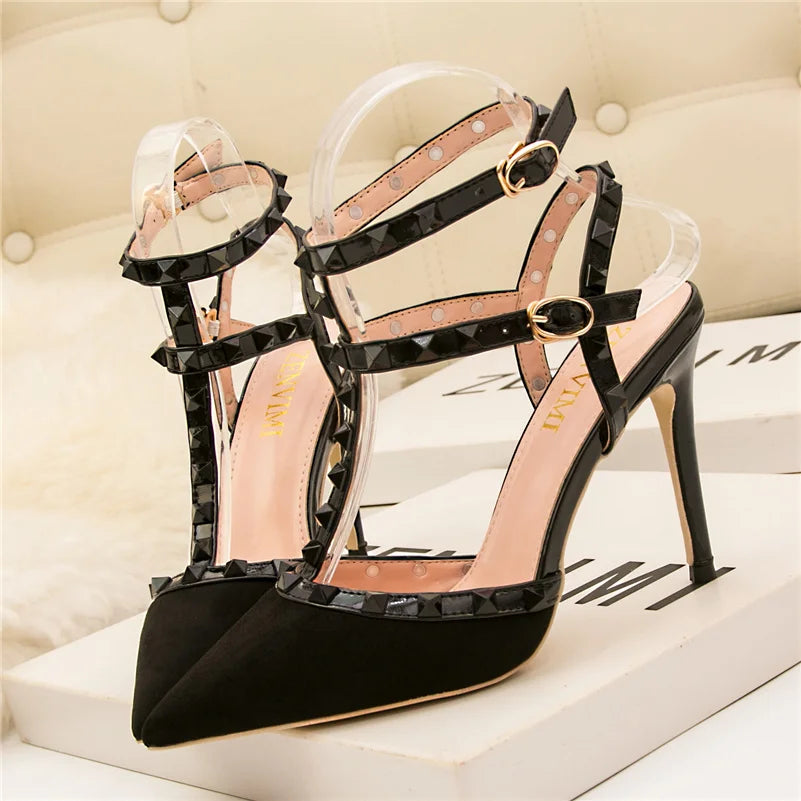 Summer Women 10cm Super High Heels Sandals Rivets Studded Stripper Valentine Strap Heels Wedding Luxury Shoes