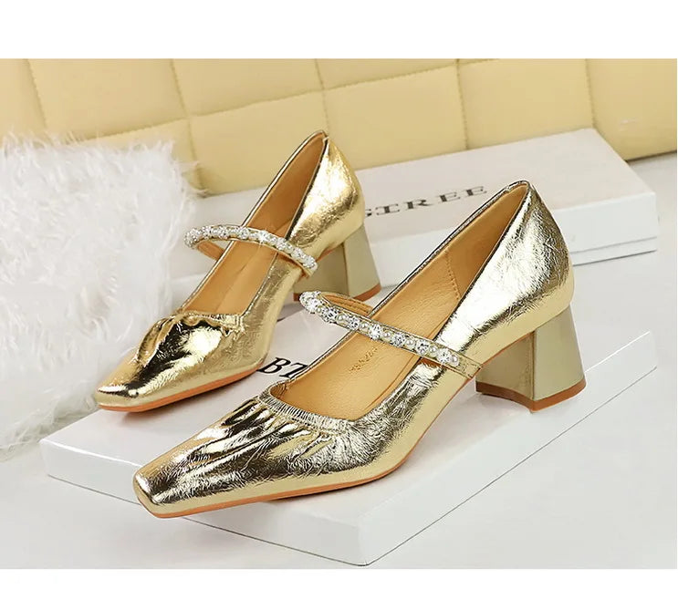 Heels Women Fashion CRYSTAL Pearl Pumps Square Toe Stripper Elegant Party Square Heel Ladies Shoes