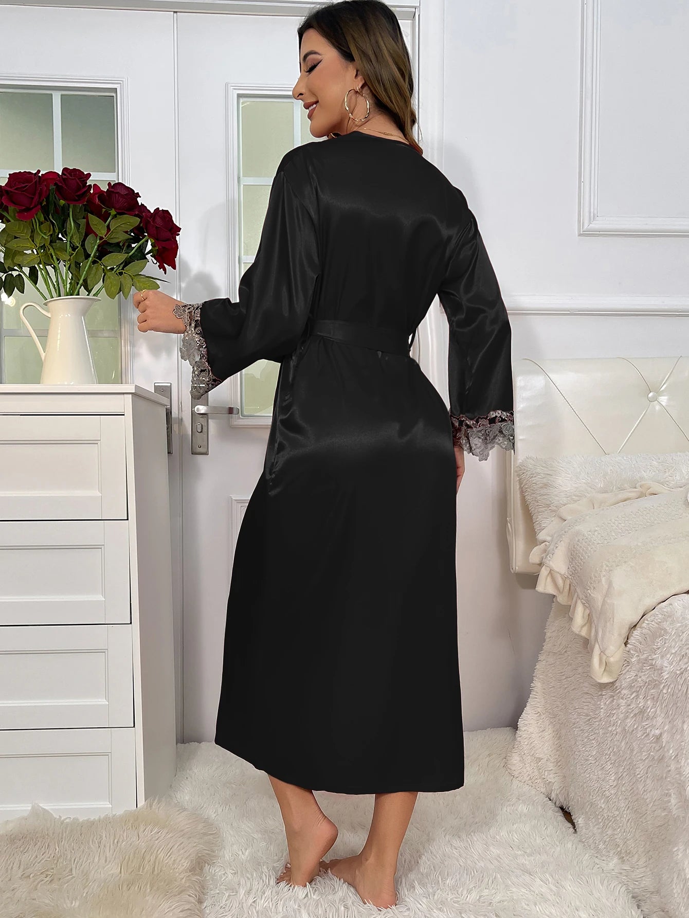 Contrast Lace Long Sleeve Belted Robe V Neck Slip Dress Sexy Elegant Women Pajamas Sets