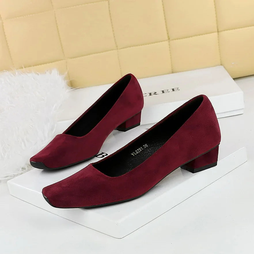 Women Fashion Style Quality Square Toe Low Heel Pumps Lady Prom Suede Shallow Mouth Thick High OL Single Shoes