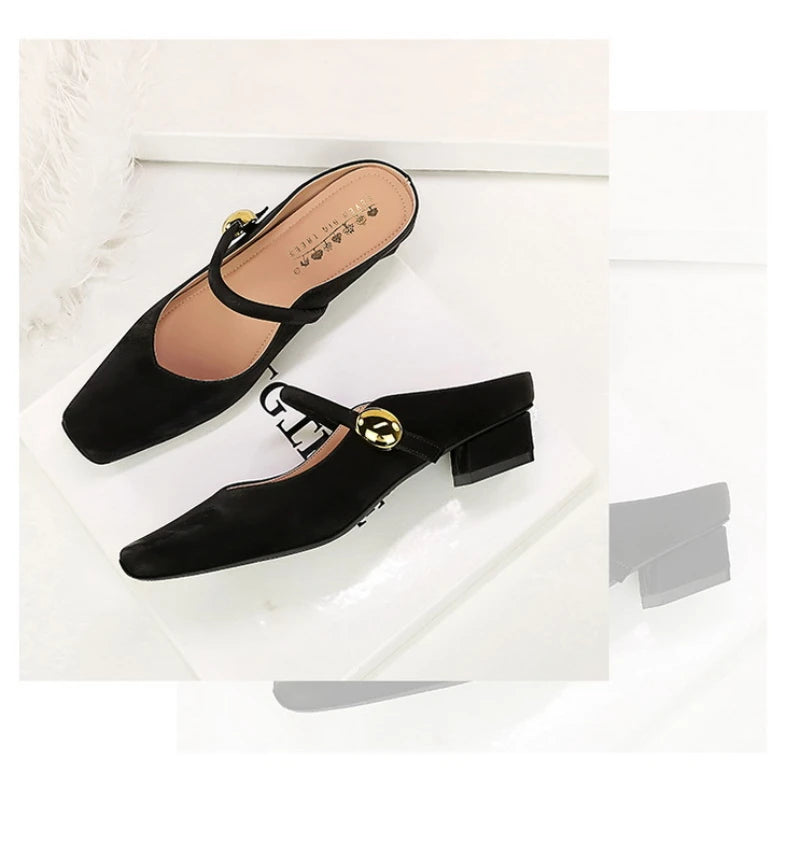 European Style Light-Mouthed Half-Slippers Women Wearing Thick Heels And Square-Toe Mary Jane Shoes One-Strap