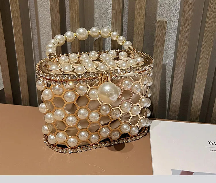 Luxury Pearl Beaded Metal Cage Hollow Out Women Handbag Rhinestones Diamond Evening Bag Wedding Party Clutch Purse Crossbody Bag