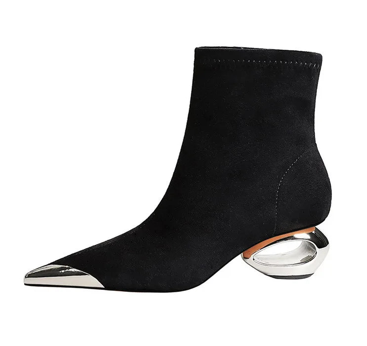 Street Style Fur Metal Hollow Heel Modern Faux Suede Short Boots for Women Metal Pointed Toe Low Heel Boots Female