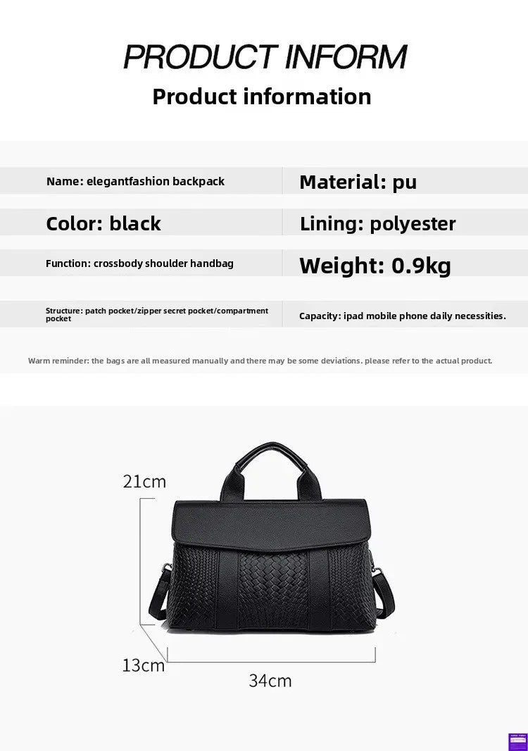 Large Capacity Ladies Handbag Fashion Woven Pattern Shoulder Bag Vintage Style Polyester Lining Soft PU Leather Material Commuter Bag