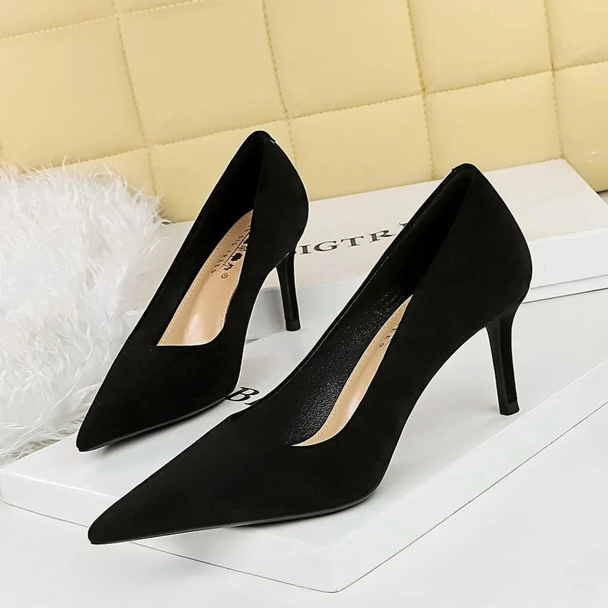 Suede Black Women Pumps High Heels Pointed Toe Women Heels 7Cm Ladies Shoes Office Shoes