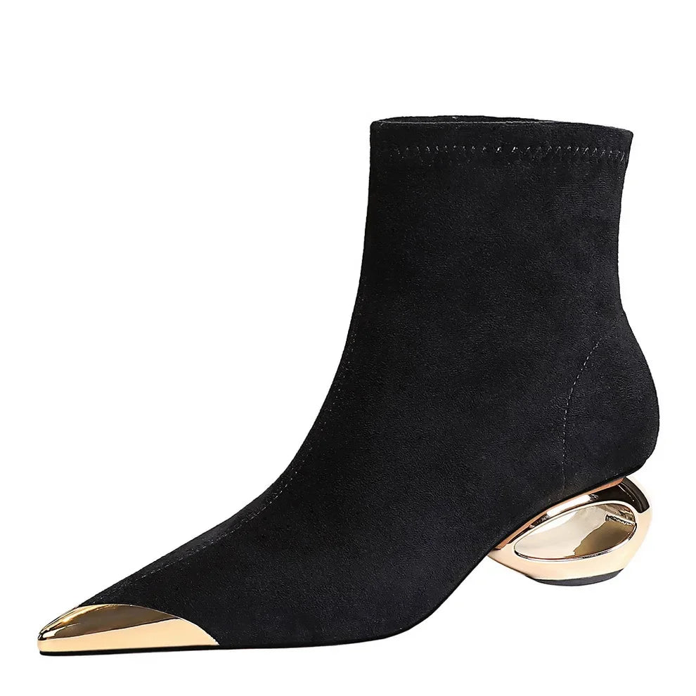 Street Style Fur Metal Hollow Heel Modern Faux Suede Short Boots for Women Metal Pointed Toe Low Heel Boots Female