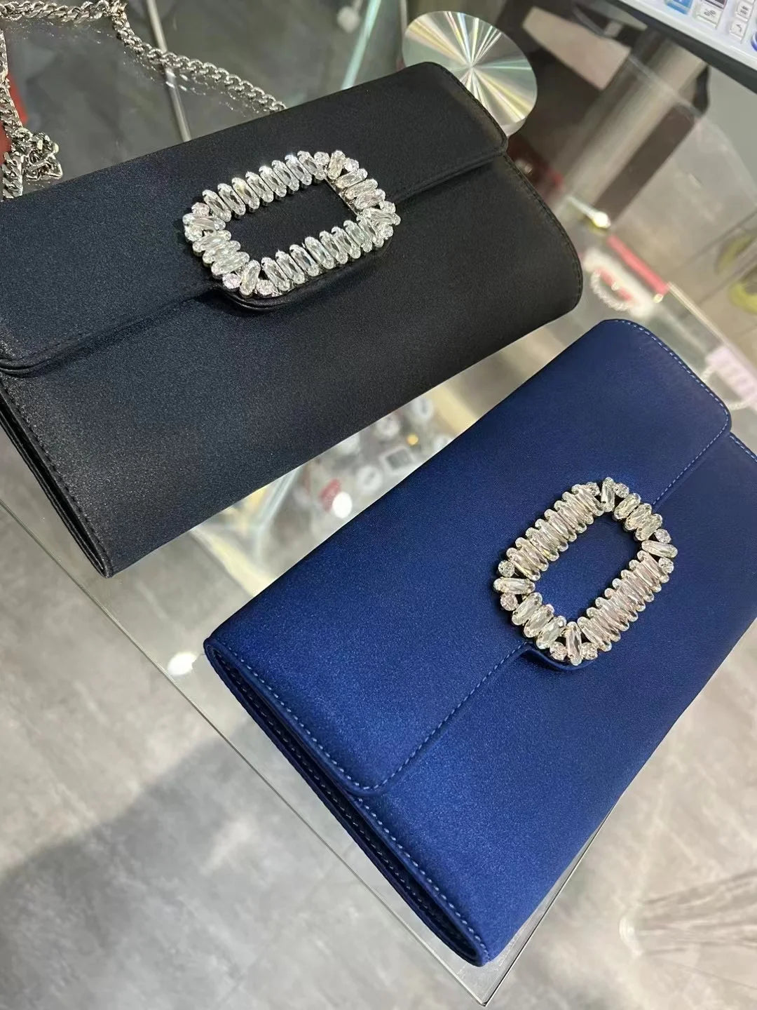Luxury Satin Clutch Purse For Wedding Party Banquet Women's Handbag Crystal Shiny Rhinestone Diamond Evening Bag Shoulder Bag