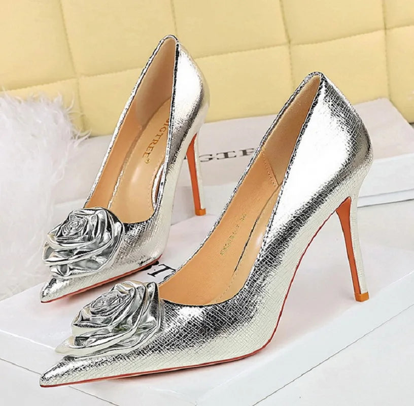 Patent Leather Flowers Women Pumps Sexy Pointed Toe Thin Low Heels Wedding Elegant Party Shoes Natalia Home Fashion Silver-10CM-43 Natalia Home Fashion