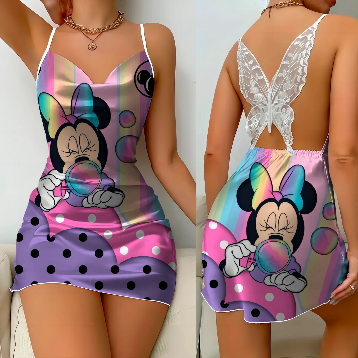 Mini Dress Pajama Skirt Bow Knot Party Dresses Satin Surface Minnie Mouse Disney Mickey Women Fashion Summer Elegant Women