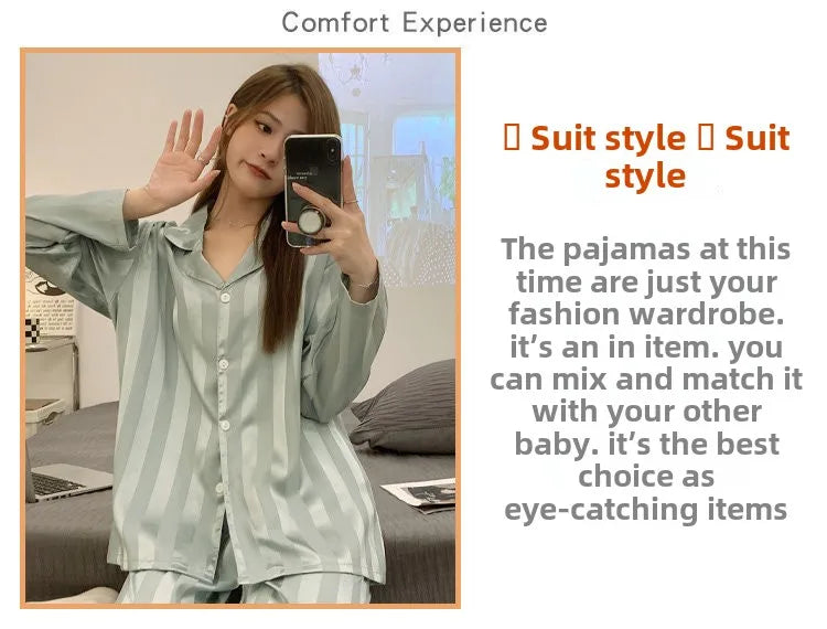 Striped Satin Pajamas Women Jacquard Loungewear Long Sleeve Trousers Two-Piece Set Solid Color Roll-Neck Cardigan Sleepwear