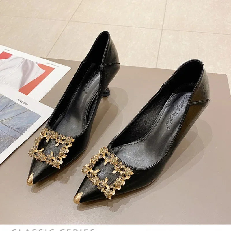 Women's High Heels Soft Leather Non-slip Fine Wedges Buckle Pointed Cat Tails French Single Shoes