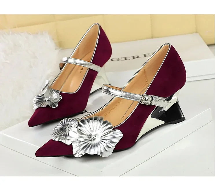 Metal Wedges 6 cm Women Pumps Flower Design High Heels Suede Sexy Party Shoes Buckle Ladies Shoes Women Wedges