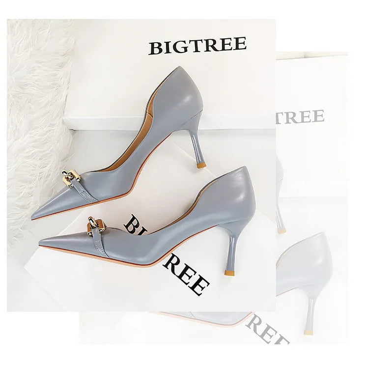 Elegant Women Pumps Metal Button Kitten Heels Women Shoes Stiletto Banquet Shoes Pointed High Heels