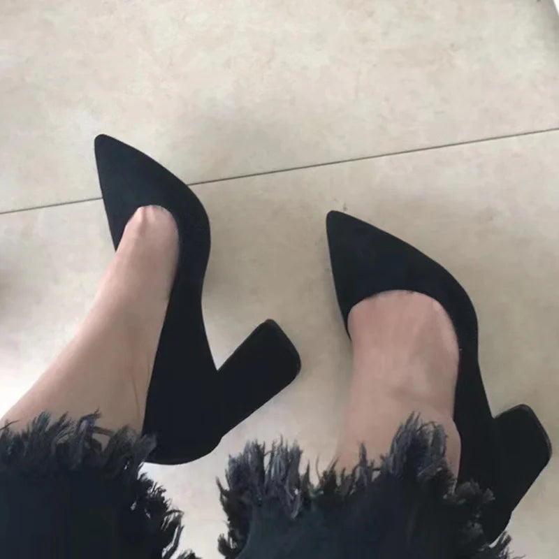 Summer Women 8.5cm High Heels Pumps Elegant Sweet Lady Wedding Block Square Middle Heels Flock Suede Nightclub Shoes