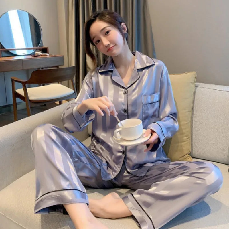 Striped Satin Pajamas Women Jacquard Loungewear Long Sleeve Trousers Two-Piece Set Solid Color Roll-Neck Cardigan Sleepwear