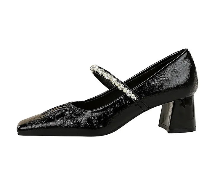 Heels Women Fashion CRYSTAL Pearl Pumps Square Toe Stripper Elegant Party Square Heel Ladies Shoes