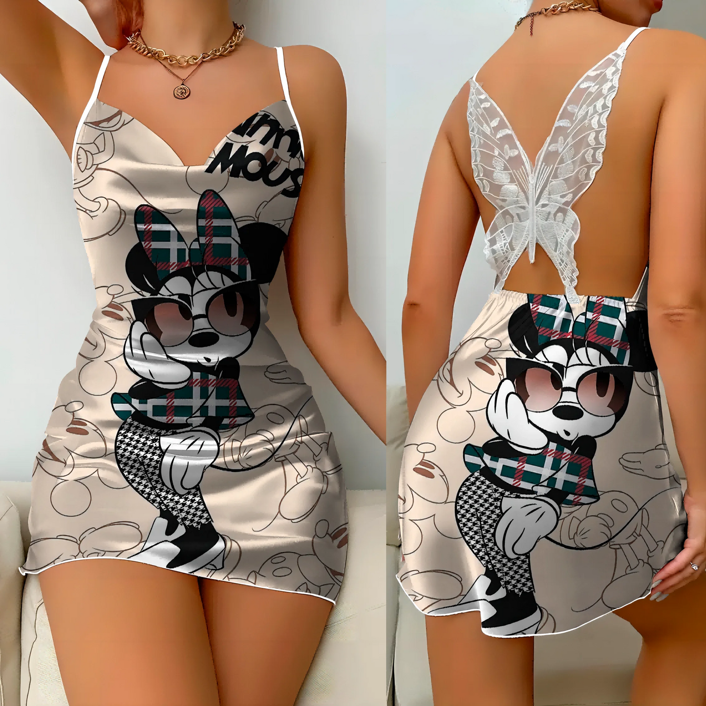 Mini Dress Pajama Skirt Bow Knot Party Dresses Satin Surface Minnie Mouse Disney Mickey Women Fashion Summer Elegant Women