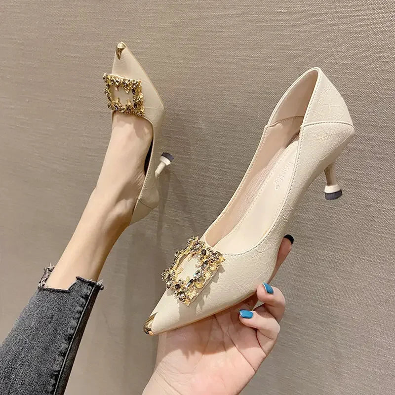 Women's High Heels Soft Leather Non-slip Fine Wedges Buckle Pointed Cat Tails French Single Shoes