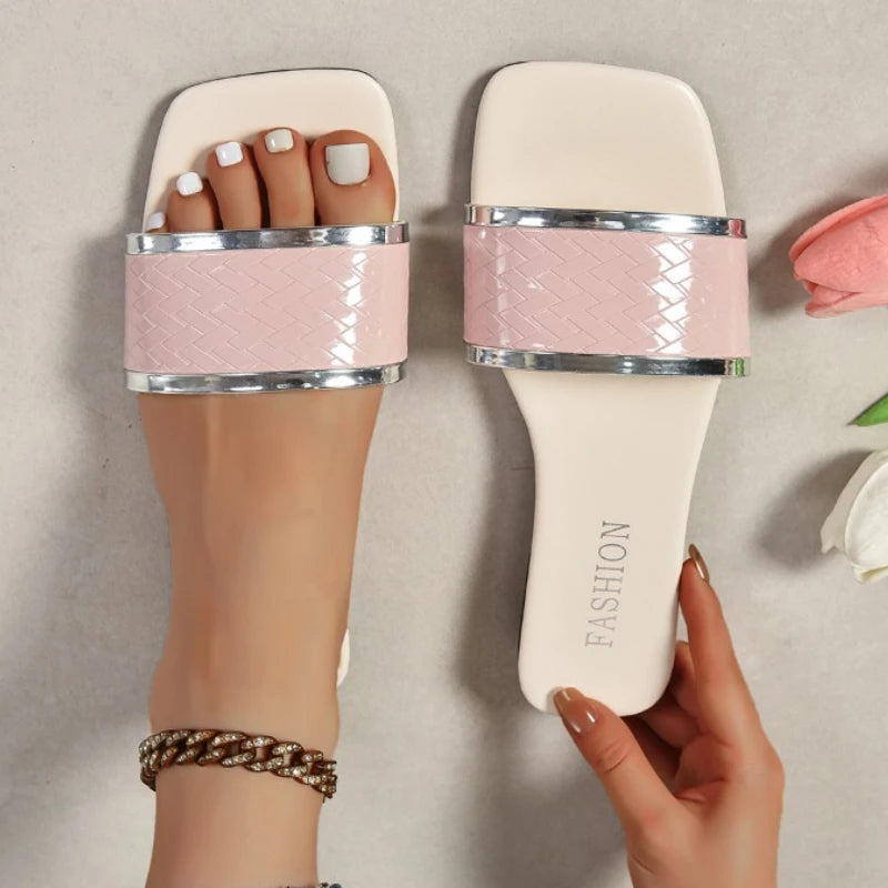 2024 Summer Women Slippers Fashion Flat Heels Open Toe Sandals Ladies Luxury Beach Square Toe Casual Slippers Women Slides Women Natalia Home Fashion Pink-36 Natalia Home Fashion