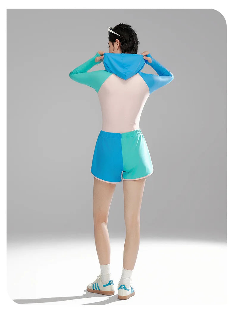 Women Long Sleeve Water Sports Outdoor Bathing Push Up Swim Wear Hooded Female Front Zipper Beach Athletic Surfing Swim Suit
