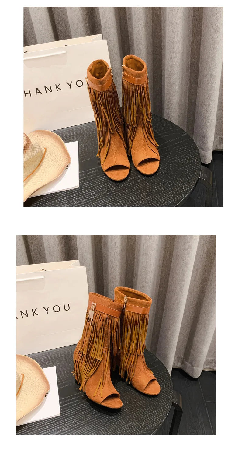 Designer Fringe Wedges Boot Sandals Woman High Heels Open Toe Party Prom Shoes Sexy Zipper Female Pumps Women Boots
