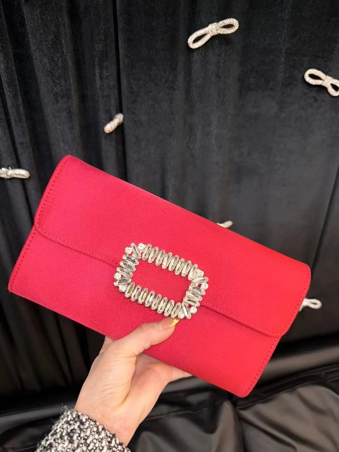 Luxury Satin Clutch Purse For Wedding Party Banquet Women's Handbag Crystal Shiny Rhinestone Diamond Evening Bag Shoulder Bag