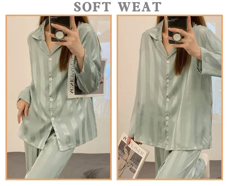 Striped Satin Pajamas Women Jacquard Loungewear Long Sleeve Trousers Two-Piece Set Solid Color Roll-Neck Cardigan Sleepwear