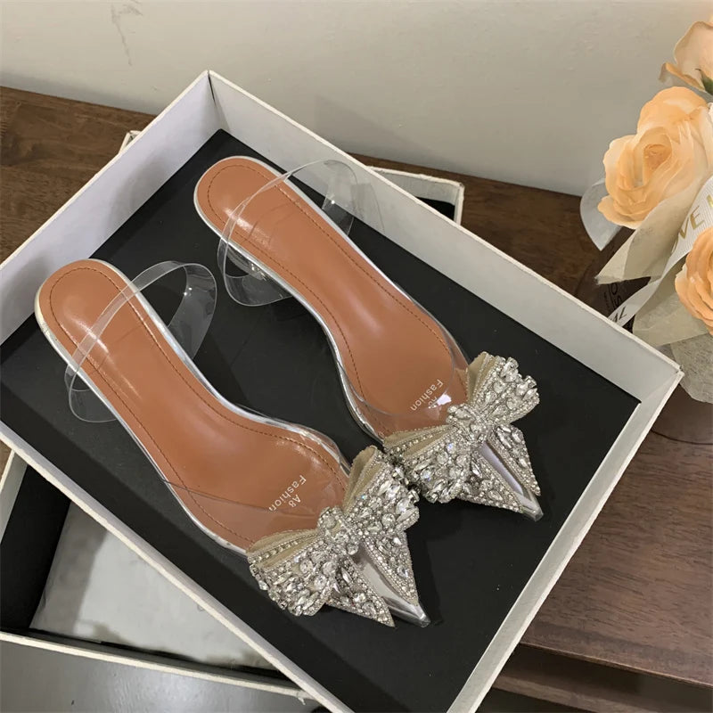 Fashion Design Crystal Bowknot Women Pumps Sexy Pointed Toe Clear High Heels Wedding Prom Shoes PVC Transparent Sandals