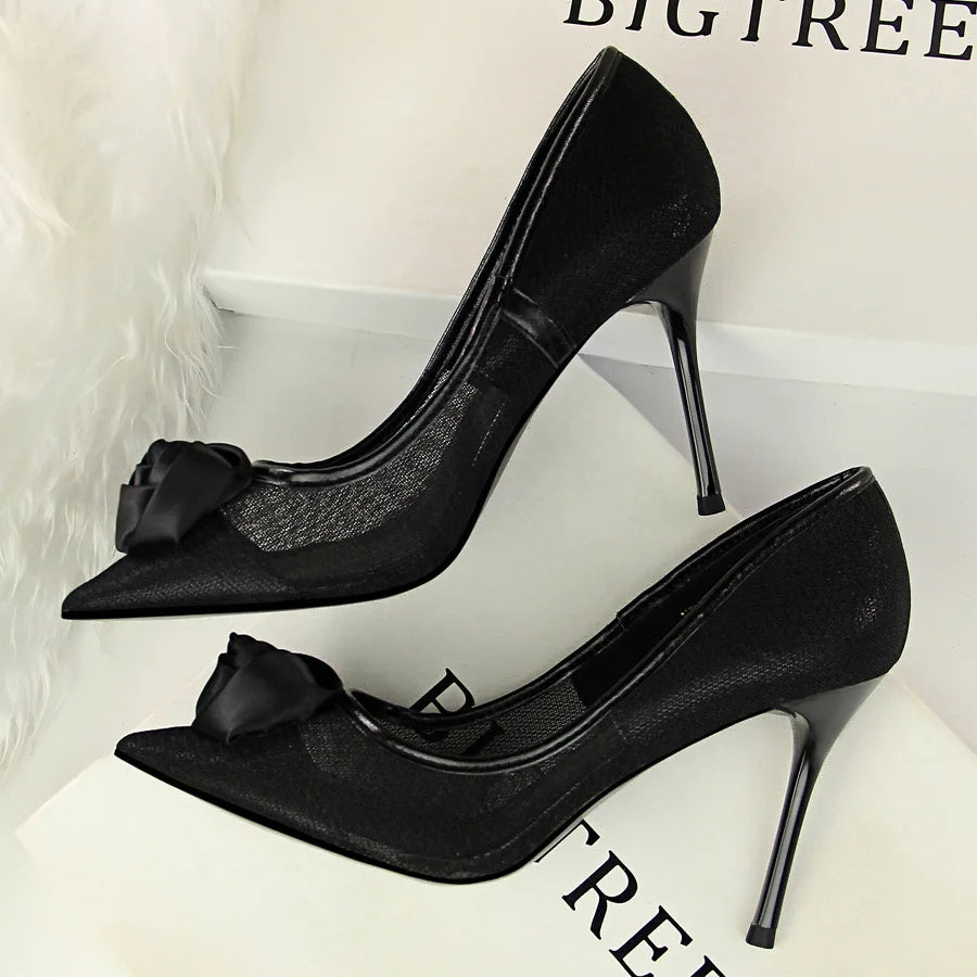 Women's Sexy Nightclub Pole Dancing Show Thin Heels High Mesh Hollowed Out Satin Rose Flower Woman Pumps