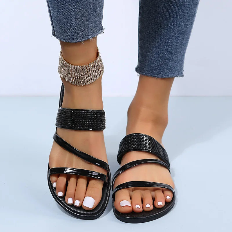 Women's Fashion Patent Leather Flat Heel Sandals Bling Rhinestone Narrow Band Beach Casual Slippers