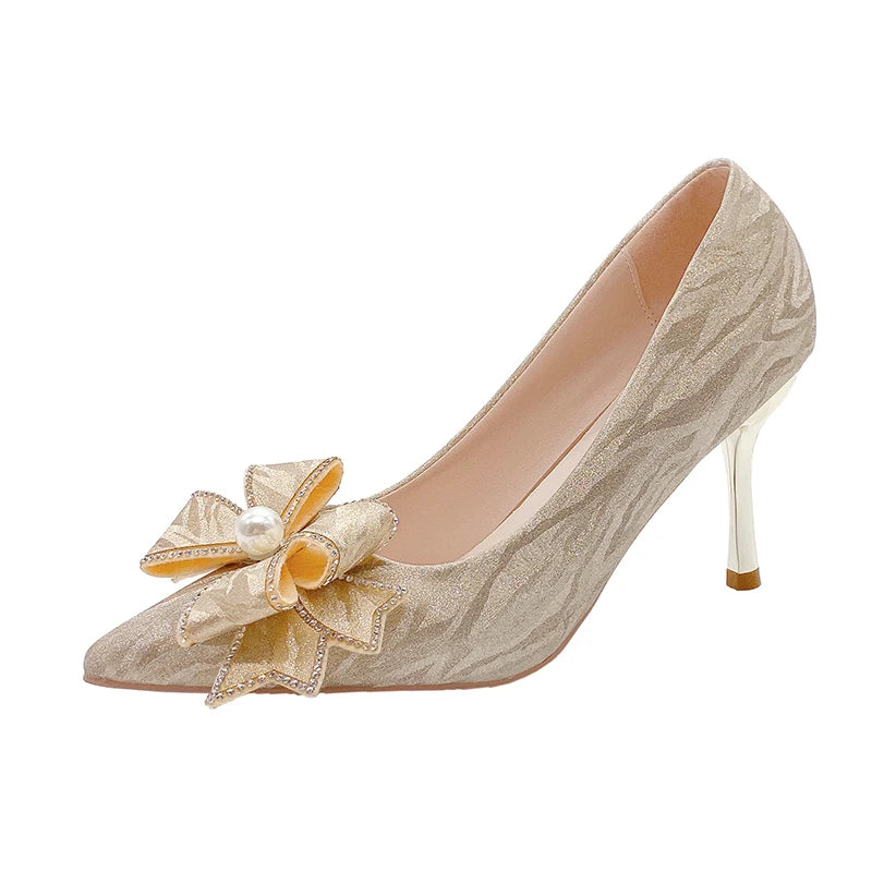 Stiletto Heels Wedding Pumps Women Party Shoes Silver Crystal Butterfly Knot Pointed Toe Sexy High Heels
