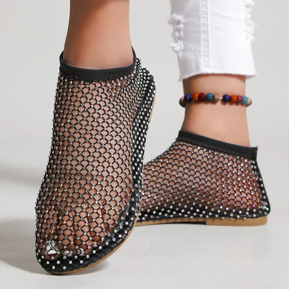 Women's Round Toe Flat Bottom Sandals Hollow Short Boots Water Diamond Sexy Flats Bottom Shoes Luxury Shoes Women