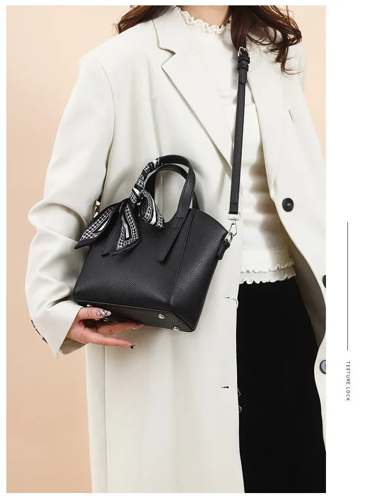 Pure Leather Cowhide Single Shoulder Crossbody Bag Ladies Handbag Fashion Bucket Bag Simple Basket Comes with Scarf