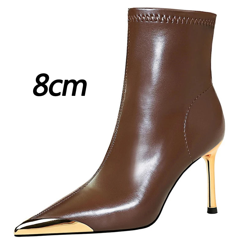 Boots Metal Pointed tip Women Boots Fashion Leather Boots High Heels Stilettos New Women Ankle Boots