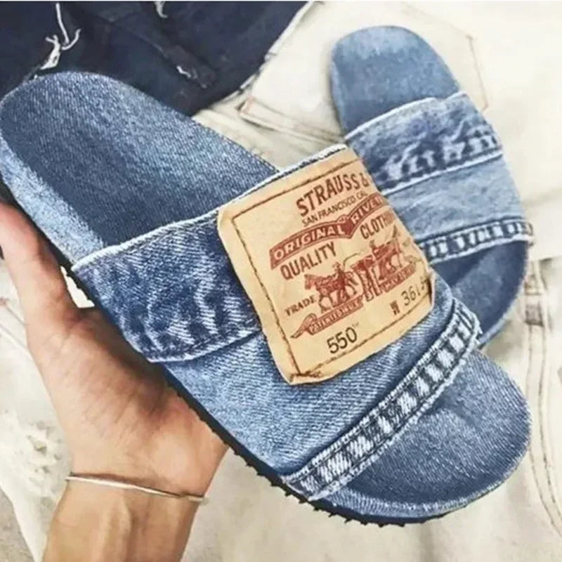 Women's Shoes Summer Shoes Women's Slippers Outdoor Solid Color Denim Open Toe Low Heel Large Size Casual Slippers