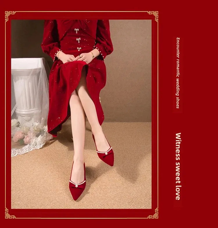 Women's Chunky Heel Pointed Toe Slip-On Shoes Wedding Dress Two-Way Wear Pearl Red Bridal Shoes Spring Autumn New Style