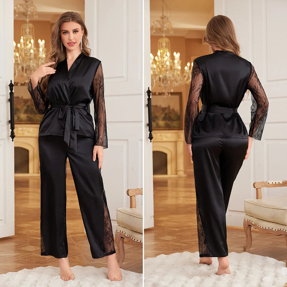 Sexy Lace Patchwork 2PCS Pajamas Set Loungewear Spring New Long Sleeve Trouser Pajamas Suit Loose Silky Home Clothes Lingerie