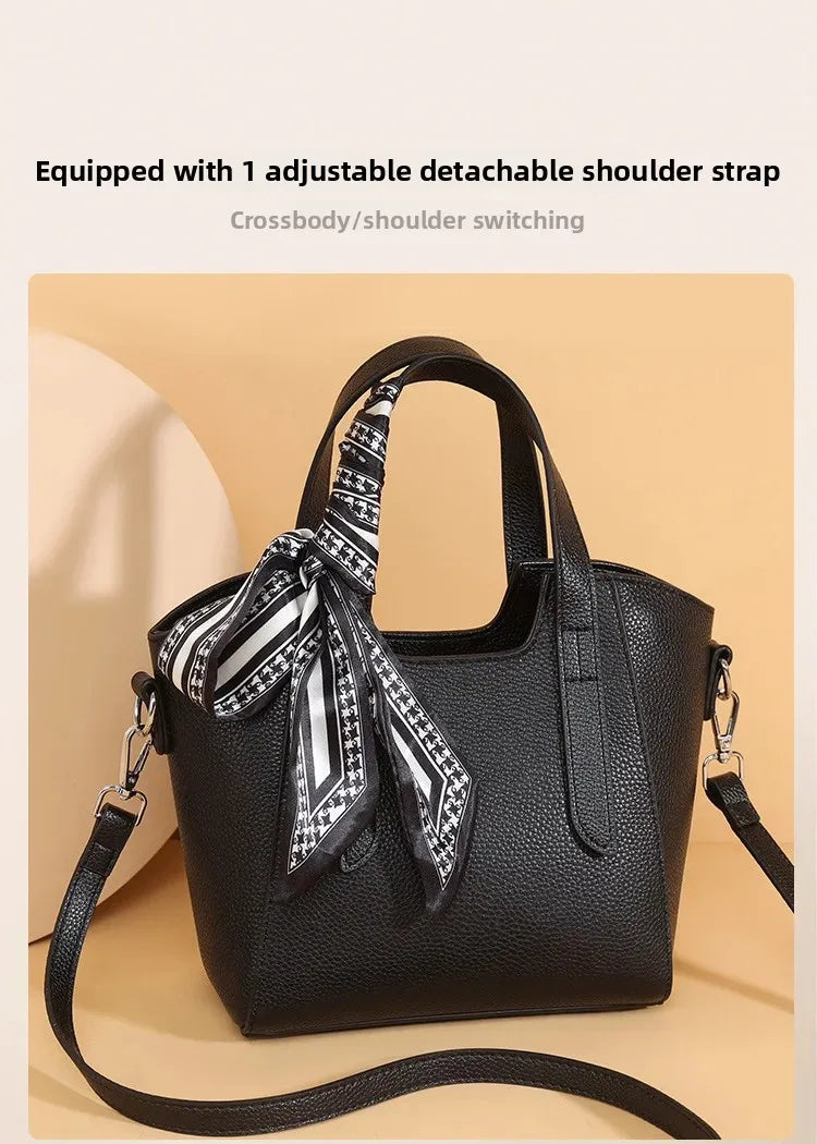Pure Leather Cowhide Single Shoulder Crossbody Bag Ladies Handbag Fashion Bucket Bag Simple Basket Comes with Scarf