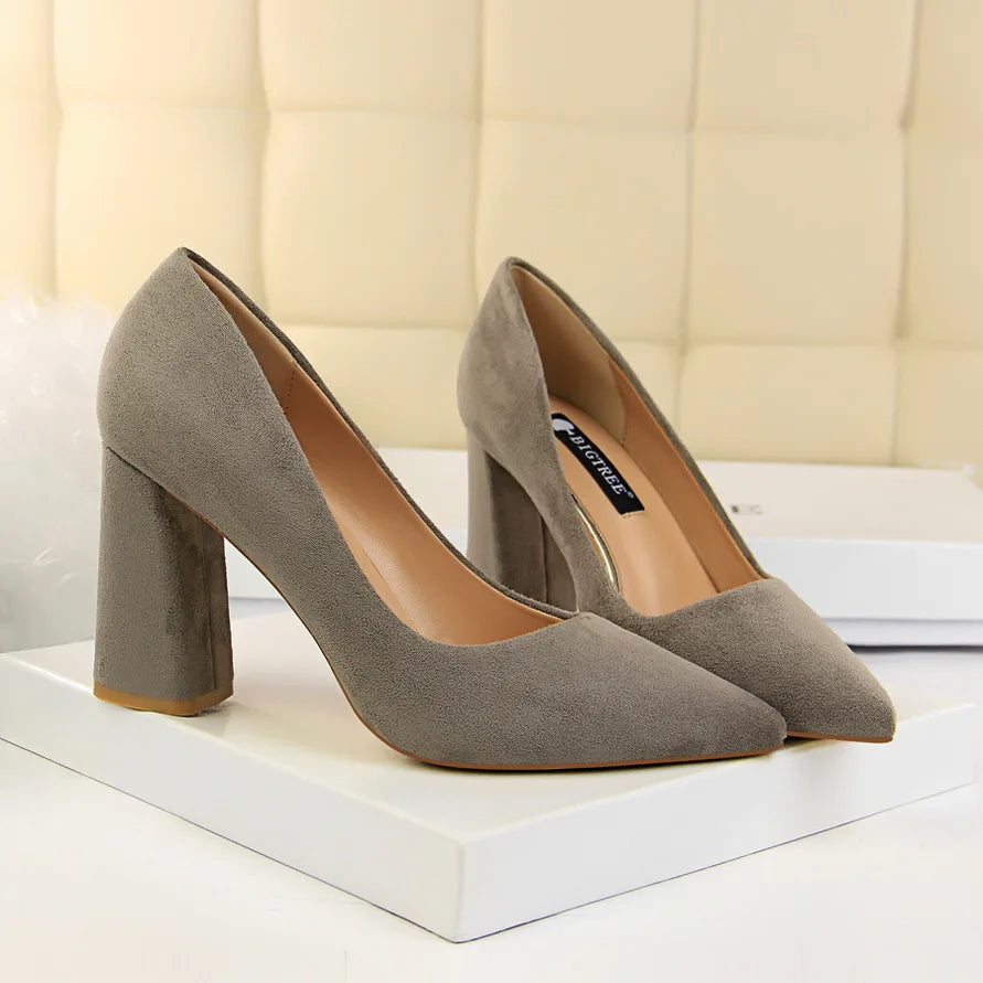 Summer Women 8.5cm High Heels Pumps Elegant Sweet Lady Wedding Block Square Middle Heels Flock Suede Nightclub Shoes